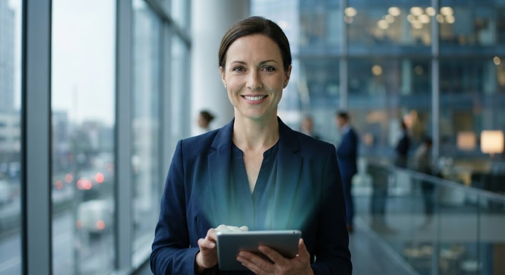 (Generative AI Realistic Character): Holographic Tablet - Empowered Agent