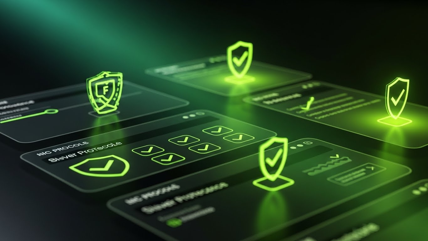 (Dark Mode Security): Glowing Neon Shields + Enterprise-Grade Protection