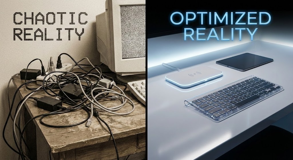 (Split Screen Comparison): Legacy Chaos vs Optimized Order