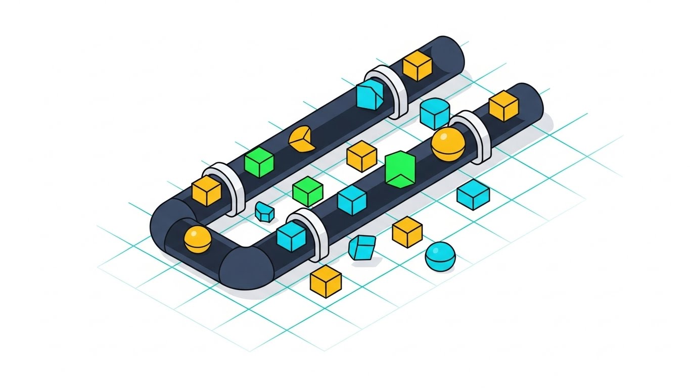 (Isometric 2D Motion): Structured Data Pipeline + Organized Operational Clarity