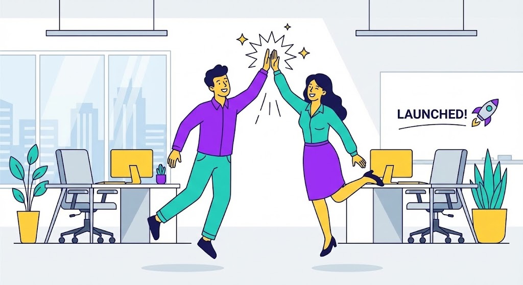 (2D Vector Story): Team Celebration + Successful Launch Momentum