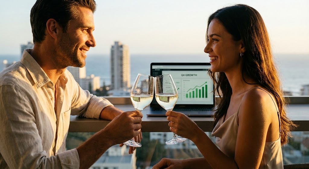 (Lifestyle Stock with UI Overlay): Blurred Tech + Sharp Enjoyment