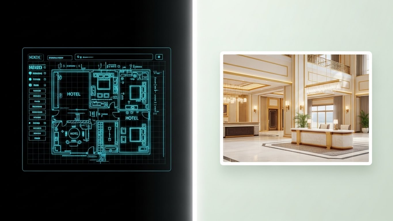 (Wireframe Transition): Blueprint Logic + Rendered Luxury