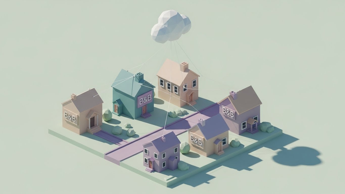 (Low-Poly 3D): Network Simplicity + Playful Scaling