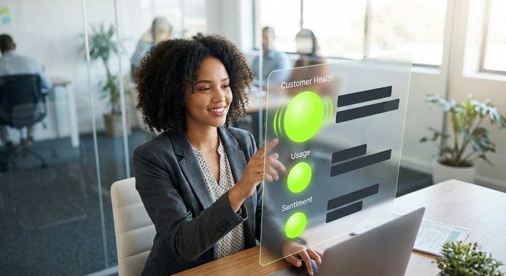 (Lifestyle Stock with UI Overlay): Human Insight Meets Data Precision