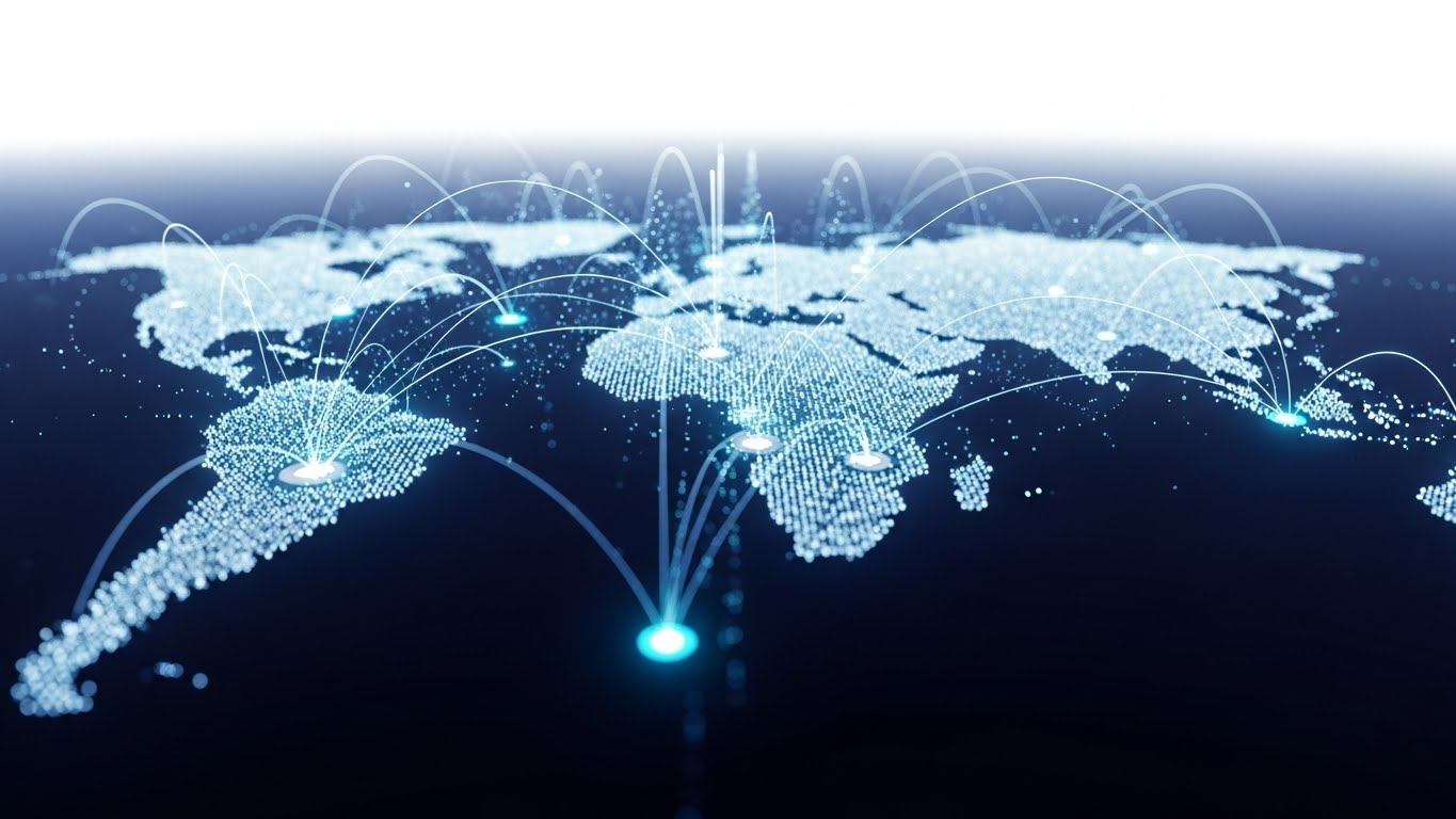 (Abstract 3D AI Visualization): Glowing Nodes: Visualizing Global Connectivity