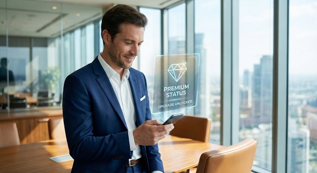 (Lifestyle UI Overlay): Premium Badge + Targeting the Executive Persona