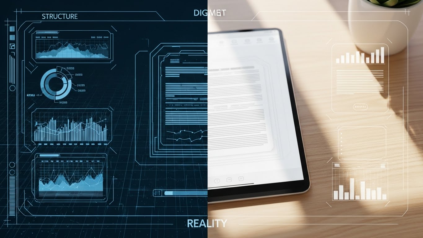 (Split Screen): Blueprint vs. Tablet + Bridging Structure and Experience