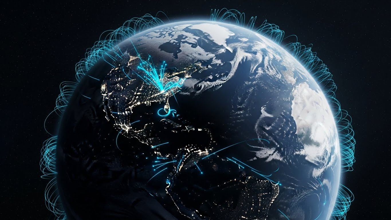 (Photorealistic 3D Renders): Bioluminescent Streams Visualizing Global Risk