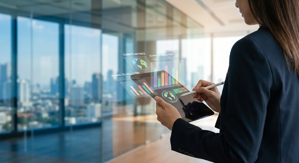 (Lifestyle Stock with UI Overlay): Holographic Metrics Enhancing Executive Decisions