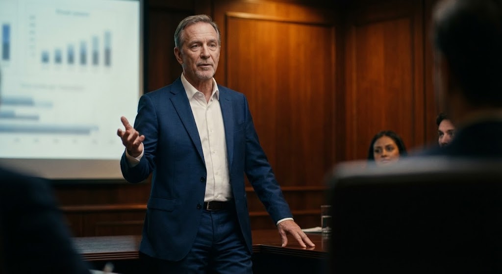 (Generative AI Realistic Character): Decisive Executive Commanding the Boardroom