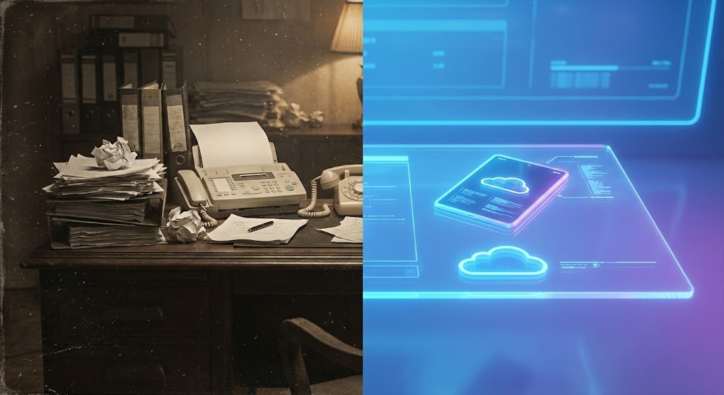 (Split Screen): The Great Shift. From legacy clutter to digital clarity.