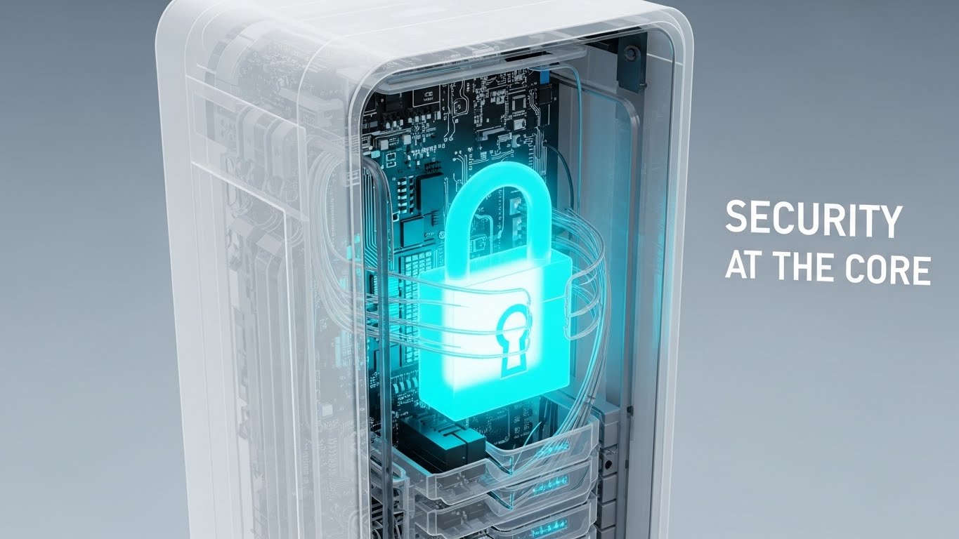 (3D X-Ray Visualization): Translucent Server Core + Proves Security is Foundational