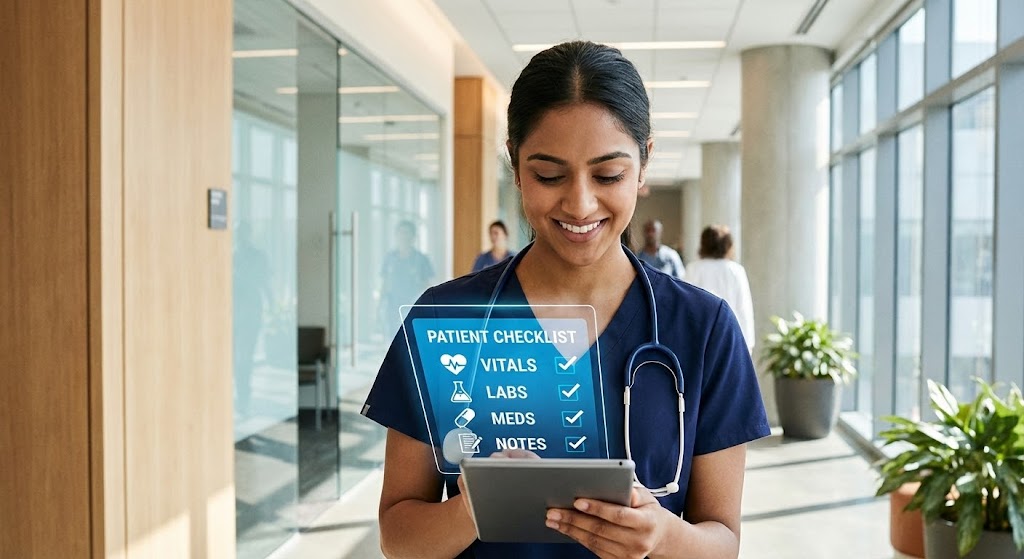 (Lifestyle Stock with UI Overlay): Tablet Interaction + Bridges Human & Digital Care