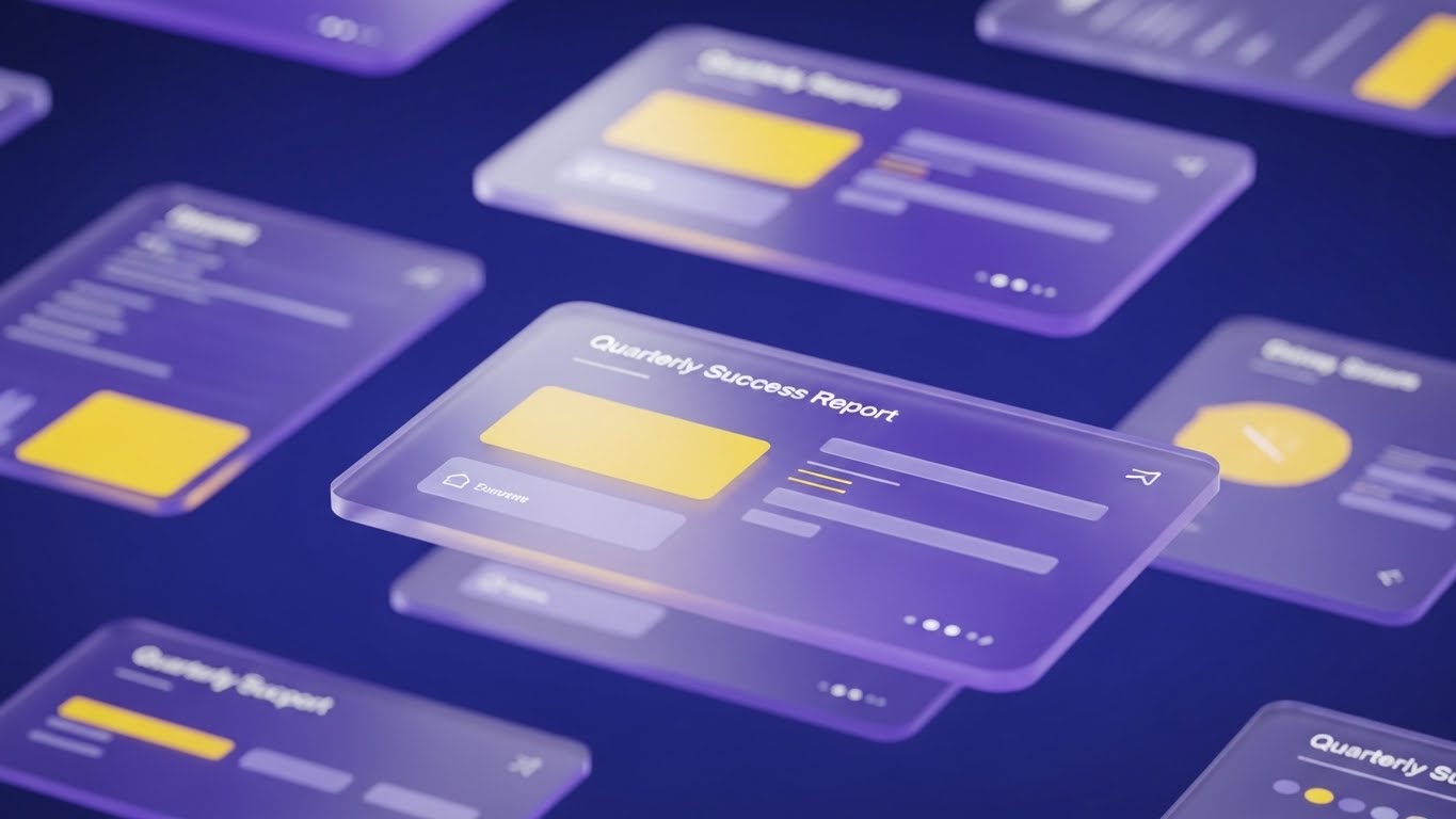 (3D Parallax UI Presentation): Floating Glass Layers + Reinforcing Recurring Value