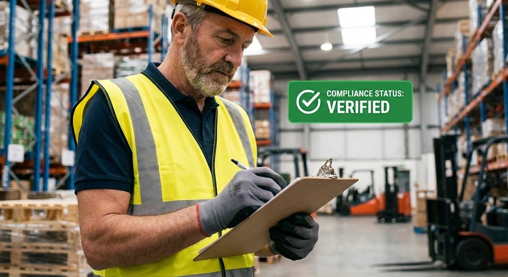 (Lifestyle Stock with UI Overlay): Worker Verification + Bridging Field & Office