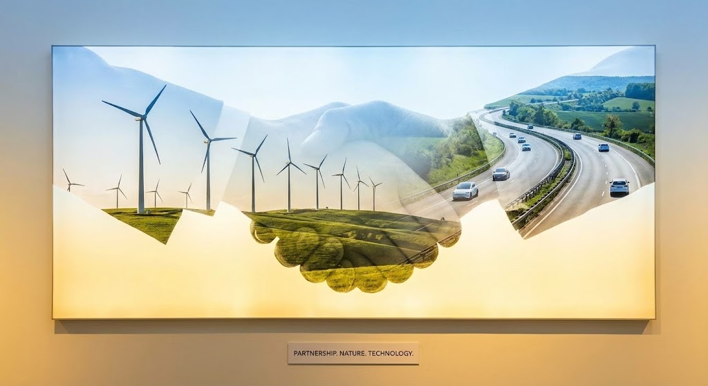 (Aspirational Stock Montage): Handshake Double Exposure + Visualizing Sustainable Partnerships