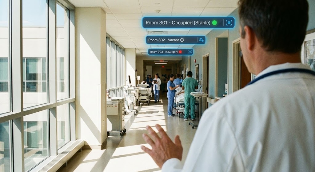 (Lifestyle Stock with UI Overlay): Ambient Intelligence + Data at the point of care