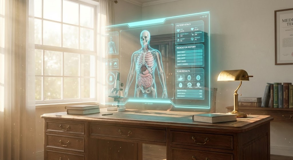 (Holographic UI over 3D Render): Diagnostic Future + Elevating clinical foresight