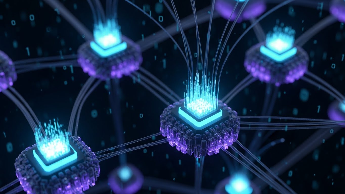 (Abstract 3D AI): Glowing Neural Nodes + Visualizing Hidden Data Connections