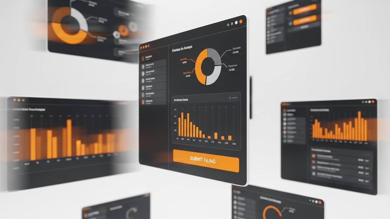 (Rapid UI Feature Montage): Vertical Flow + Accelerating Filing Velocity
