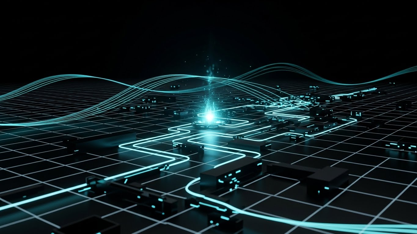 (Futuristic Neon/Dark Mode): Glowing Circuit Path + Gamifying Threat Hunting