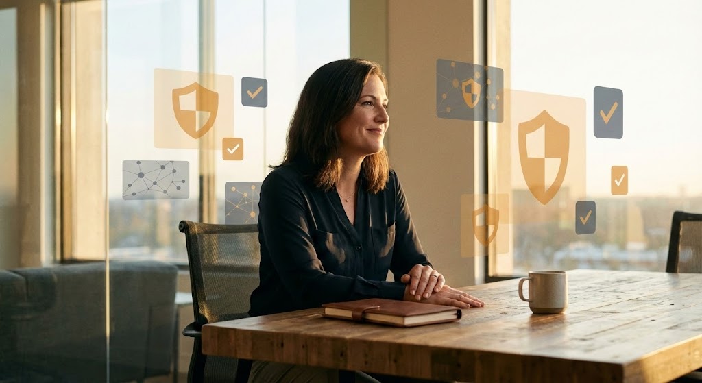 (Lifestyle Stock with UI Overlay): Holographic Shield + Empowering Executive Control