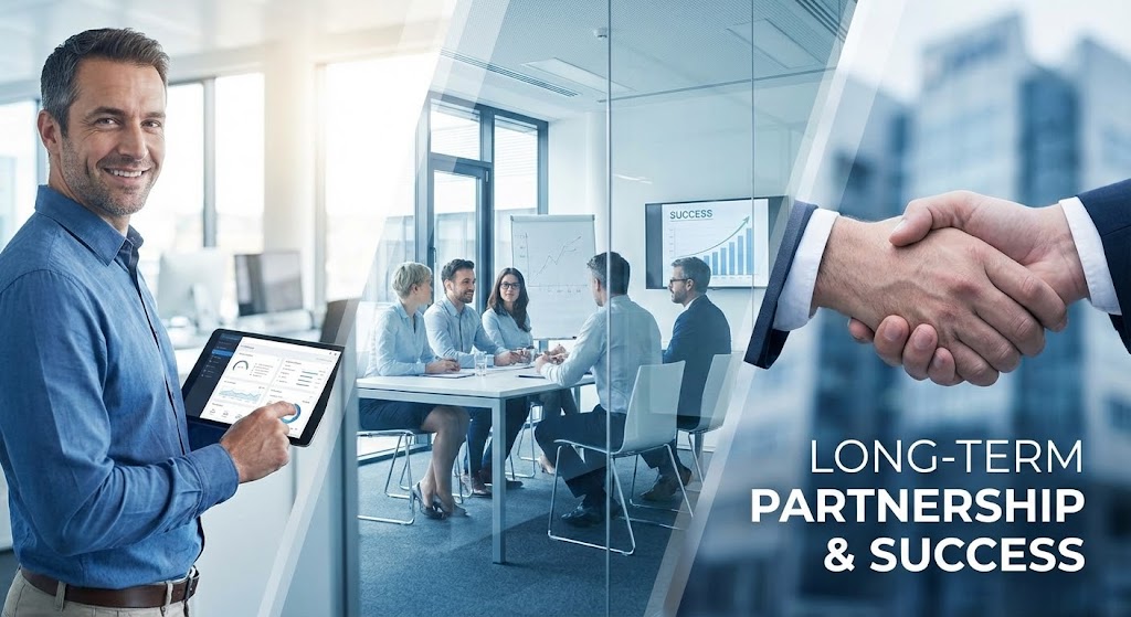 (Aspirational Stock Montage): Unified Corporate Tones + Reinforcing Long-Term Success