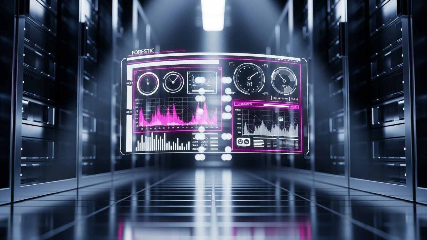 (Holographic UI over 3D Render): Floating Forensic Data + Projecting Advanced Capability