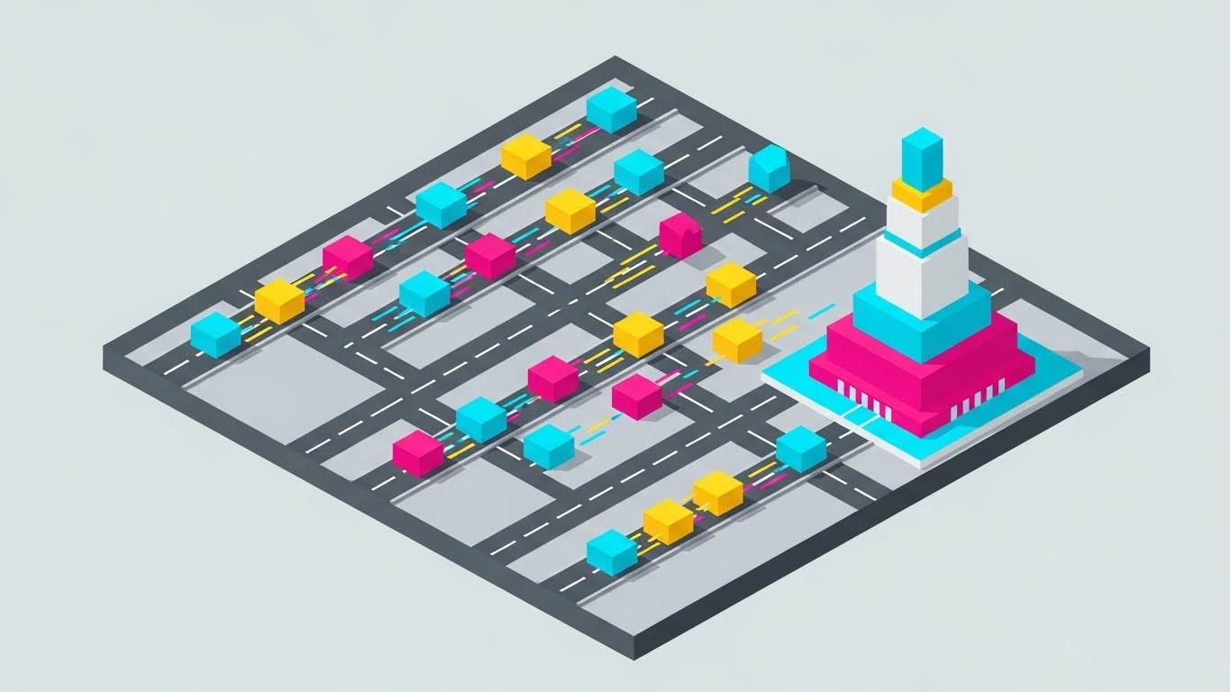 (Isometric 2D): Data Traffic Grid + Visualizing Workflow Velocity