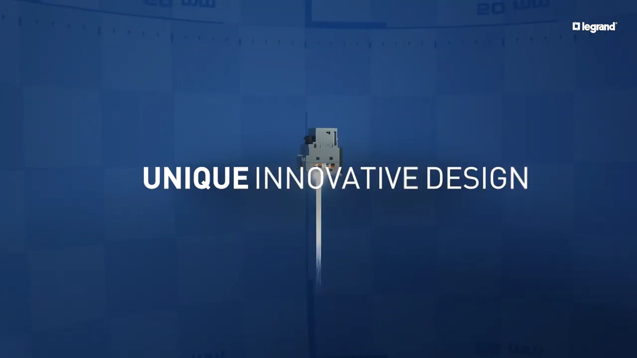 Legrand LINKEO C explainer video frame at 0:04: the title "Unique innovative design" over a 3D close-up of the LINKEO C RJ45 connector