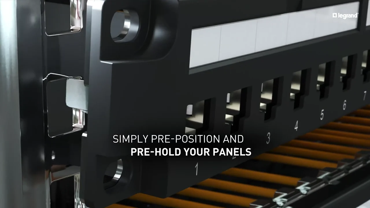 Frame at 0:44: 3D server rack with the title "Simply pre-position and pre-hold your panels"