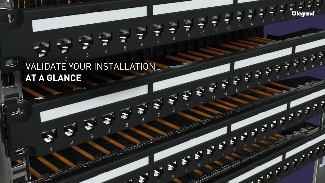 Frame at 0:47: rows of patch panels with yellow cords and the title "Validate your installation at a glance"