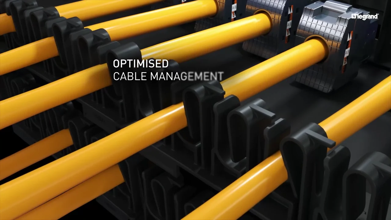 Frame at 0:55: neatly routed yellow patch cords on a LINKEO C panel with the title "Optimised cable management"