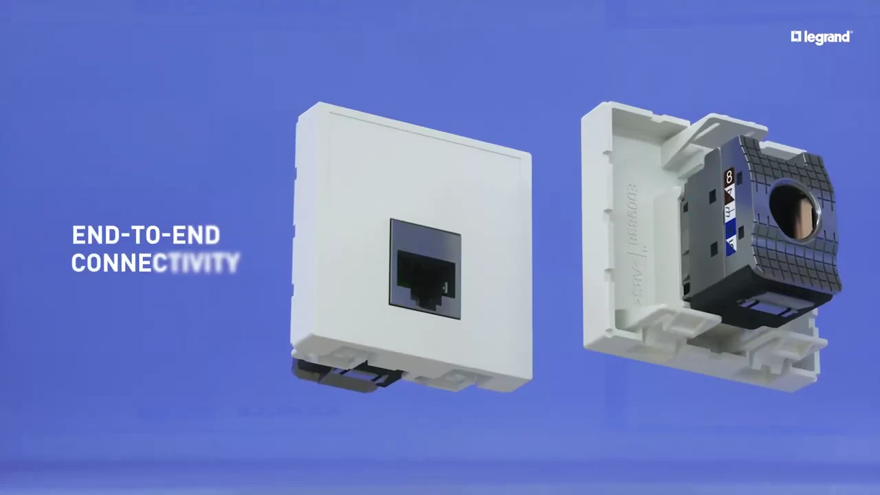 Frame at 1:32: a LINKEO C wall socket and connector with the title "End-to-end connectivity"