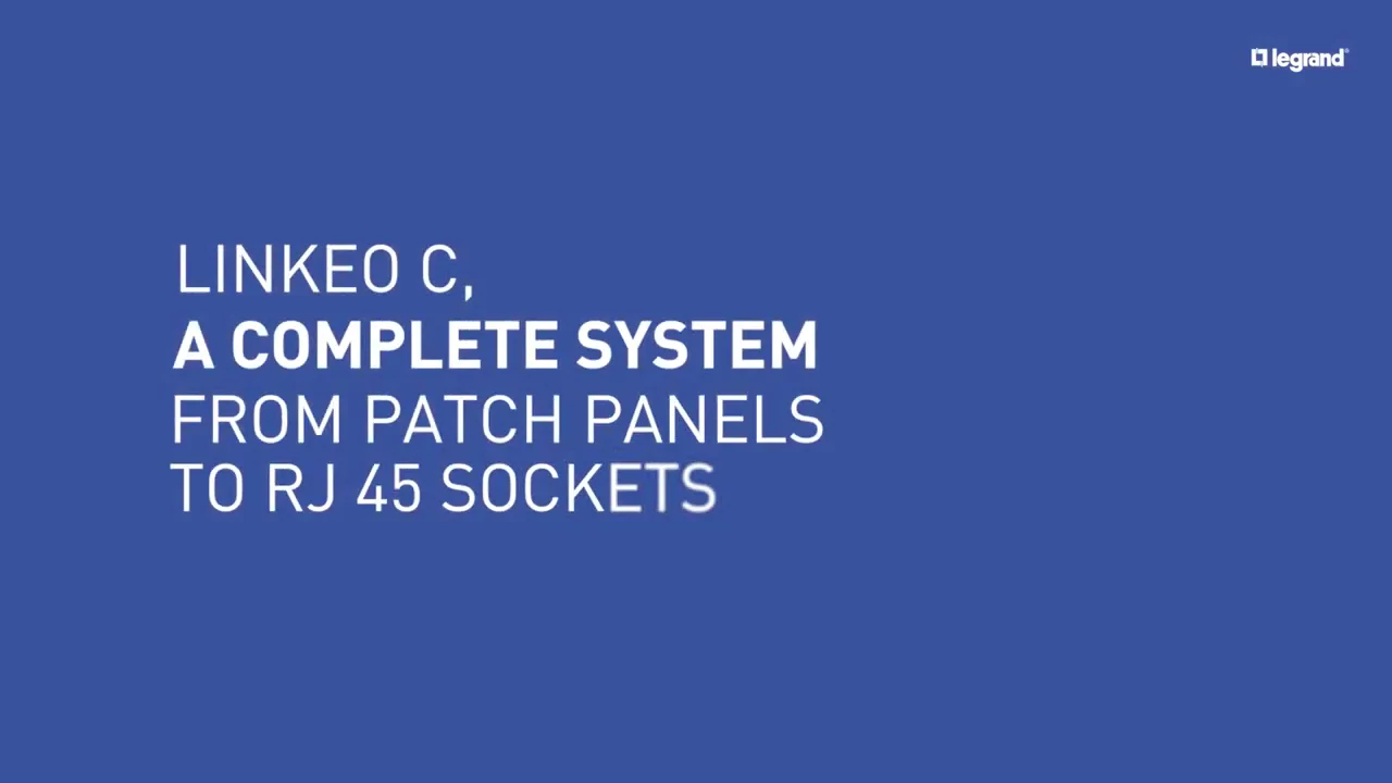 Frame at 1:42: closing title "LINKEO C, a complete system from patch panels to RJ 45 sockets"